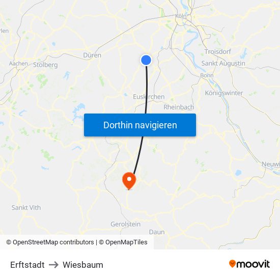 Erftstadt to Wiesbaum map
