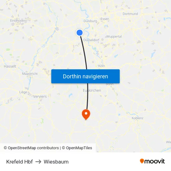Krefeld Hbf to Wiesbaum map