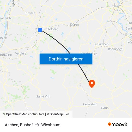 Aachen, Bushof to Wiesbaum map