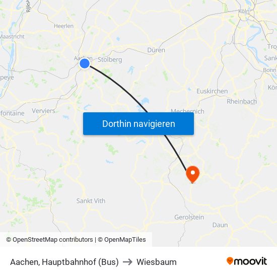 Aachen, Hauptbahnhof (Bus) to Wiesbaum map