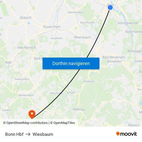 Bonn Hbf to Wiesbaum map