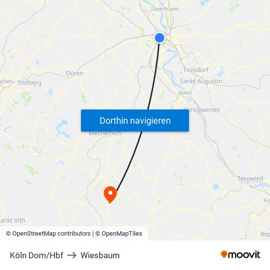 Köln Dom/Hbf to Wiesbaum map