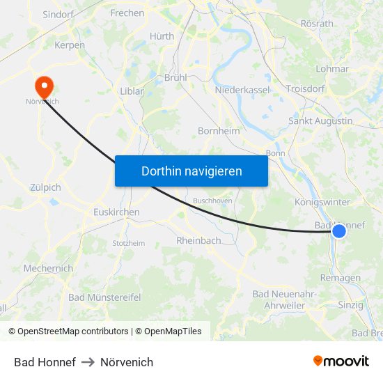 Bad Honnef to Nörvenich map