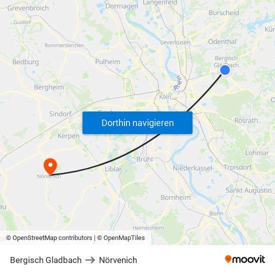 Bergisch Gladbach to Nörvenich map