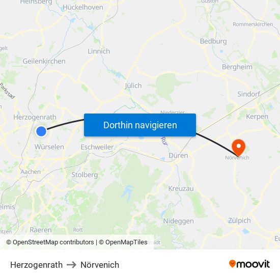 Herzogenrath to Nörvenich map