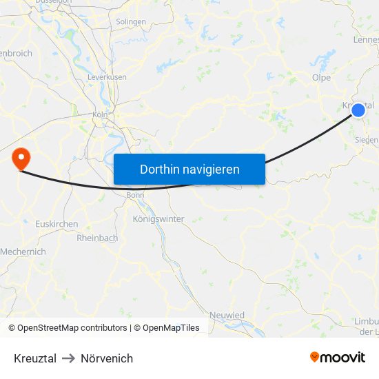 Kreuztal to Nörvenich map