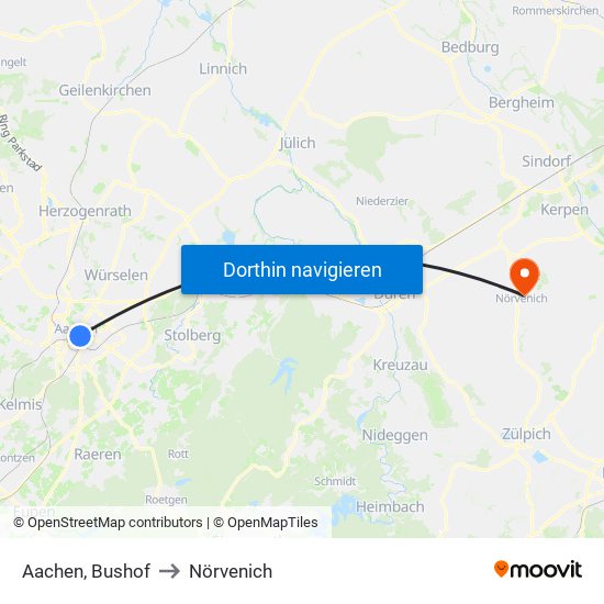 Aachen, Bushof to Nörvenich map