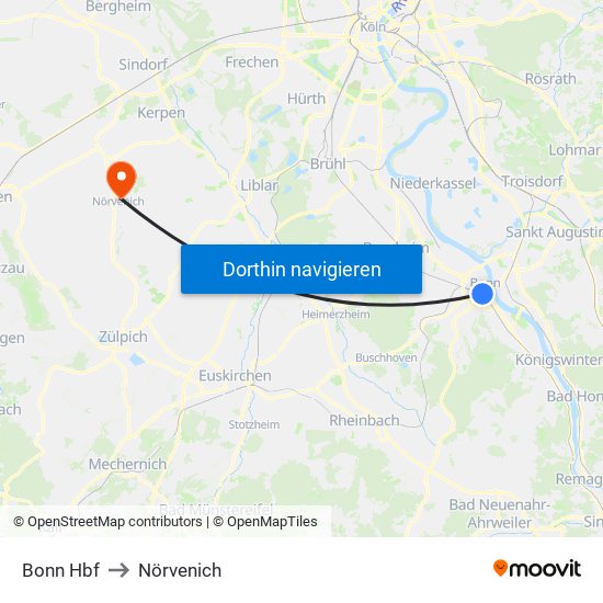 Bonn Hbf to Nörvenich map