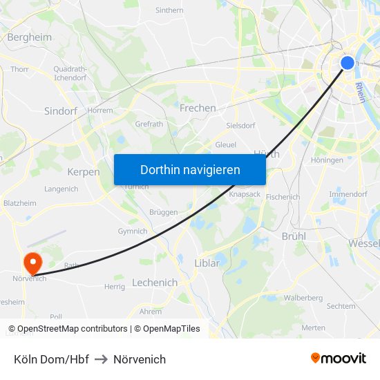 Köln Dom/Hbf to Nörvenich map