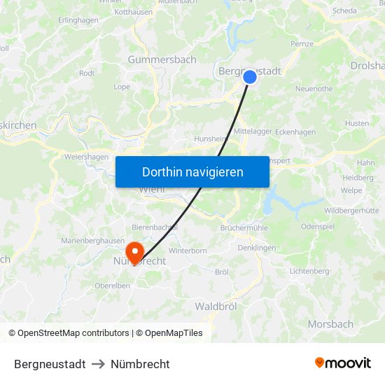 Bergneustadt to Nümbrecht map