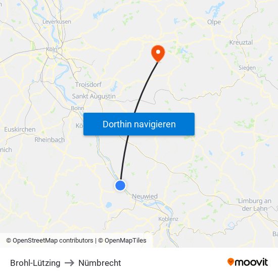 Brohl-Lützing to Nümbrecht map