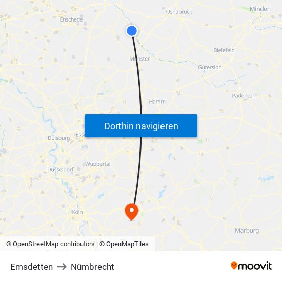 Emsdetten to Nümbrecht map