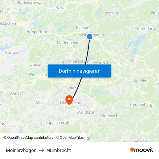 Meinerzhagen to Nümbrecht map