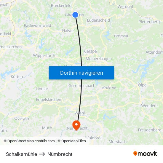 Schalksmühle to Nümbrecht map