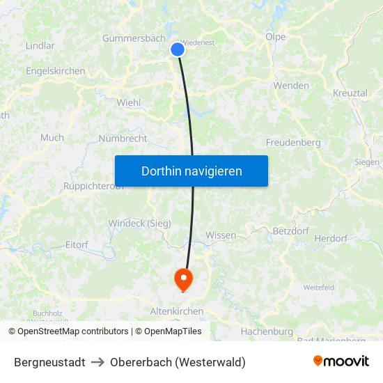 Bergneustadt to Obererbach (Westerwald) map