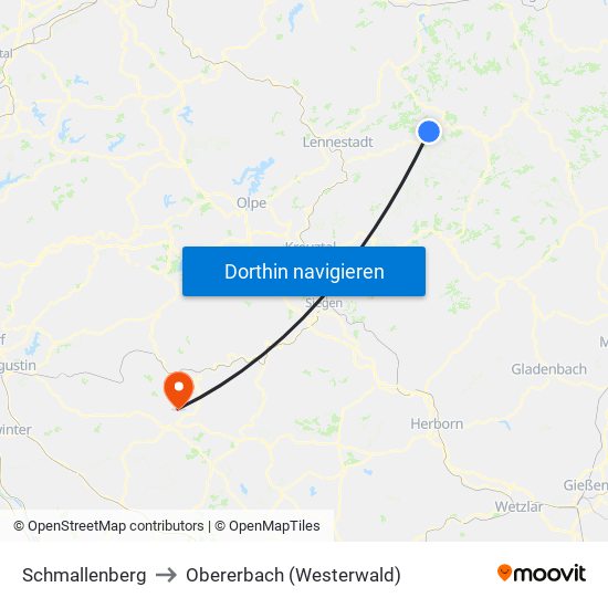 Schmallenberg to Obererbach (Westerwald) map