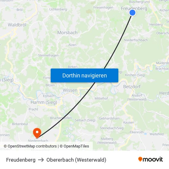 Freudenberg to Obererbach (Westerwald) map