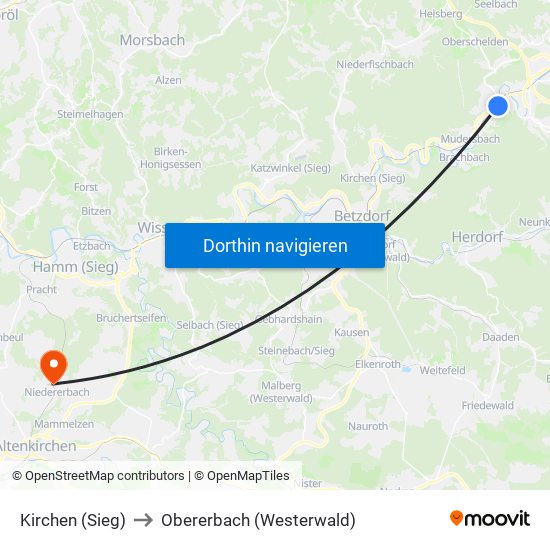 Kirchen (Sieg) to Obererbach (Westerwald) map