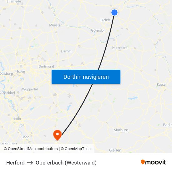 Herford to Obererbach (Westerwald) map