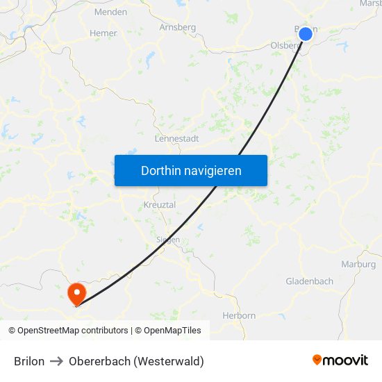 Brilon to Obererbach (Westerwald) map