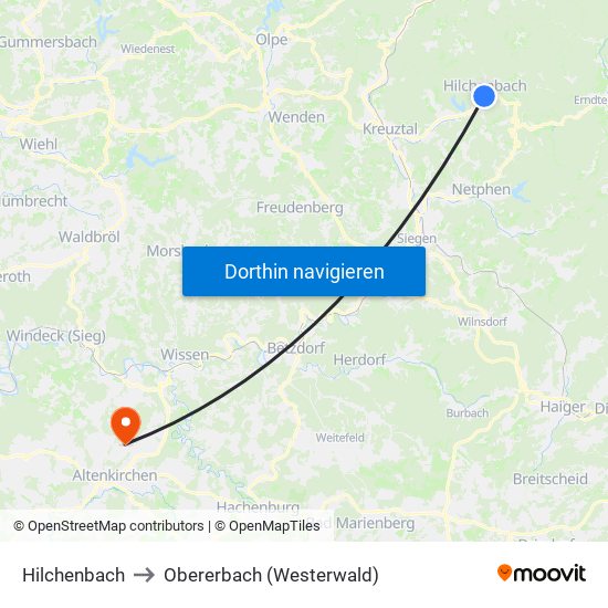 Hilchenbach to Obererbach (Westerwald) map