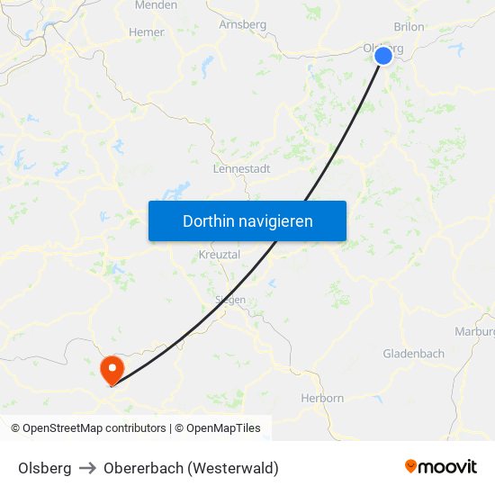 Olsberg to Obererbach (Westerwald) map