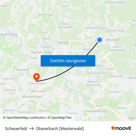 Scheuerfeld to Obererbach (Westerwald) map