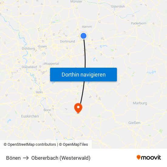 Bönen to Obererbach (Westerwald) map