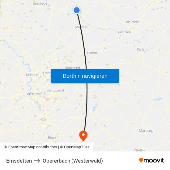 Emsdetten to Obererbach (Westerwald) map