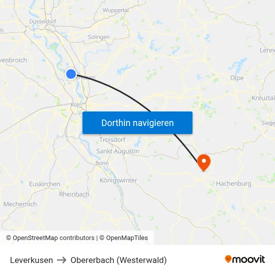 Leverkusen to Obererbach (Westerwald) map