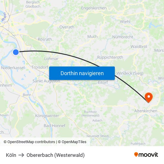 Köln to Obererbach (Westerwald) map