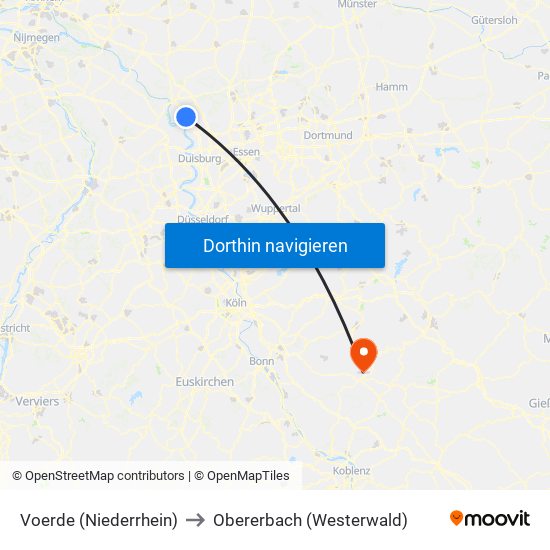 Voerde (Niederrhein) to Obererbach (Westerwald) map