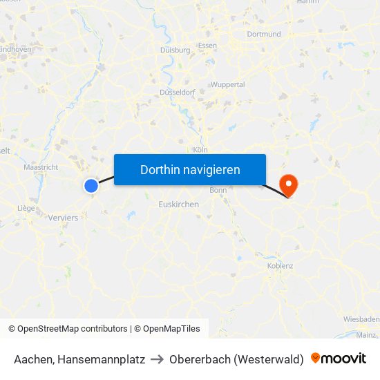 Aachen, Hansemannplatz to Obererbach (Westerwald) map