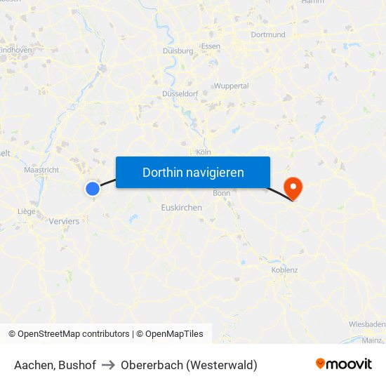 Aachen, Bushof to Obererbach (Westerwald) map