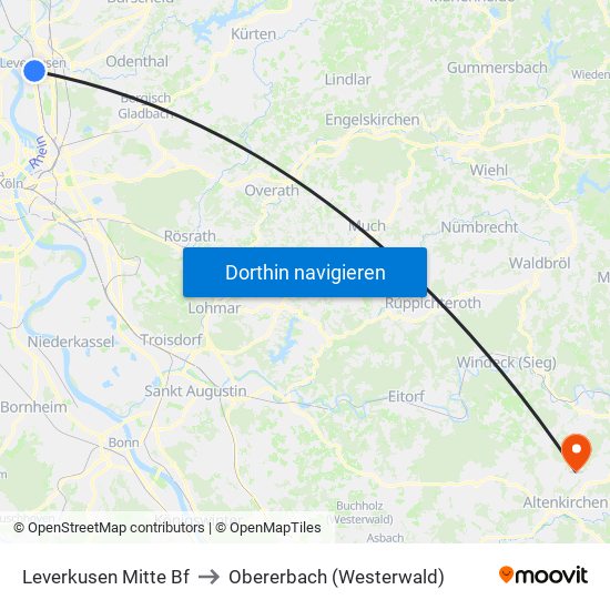 Leverkusen Mitte Bf to Obererbach (Westerwald) map