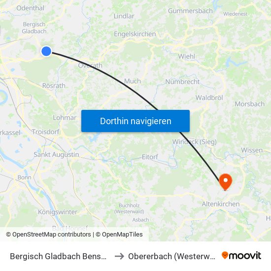 Bergisch Gladbach Bensberg to Obererbach (Westerwald) map