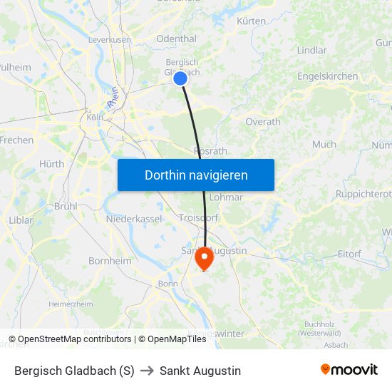 Bergisch Gladbach (S) to Sankt Augustin map