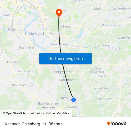 Kasbach-Ohlenberg to Rösrath map