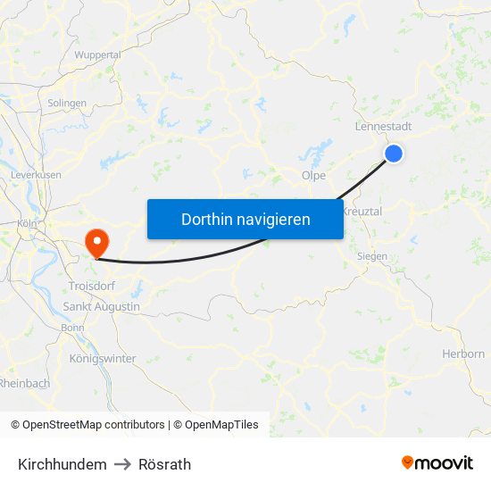 Kirchhundem to Rösrath map