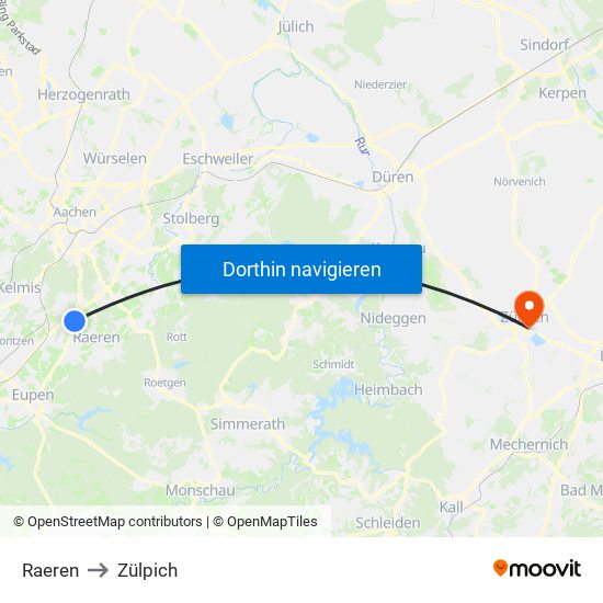 Raeren to Zülpich map