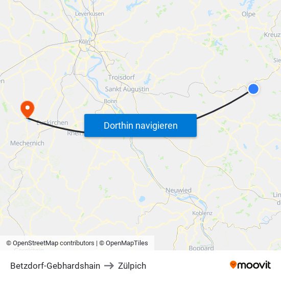 Betzdorf-Gebhardshain to Zülpich map