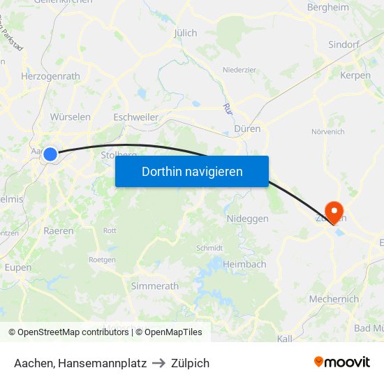 Aachen, Hansemannplatz to Zülpich map