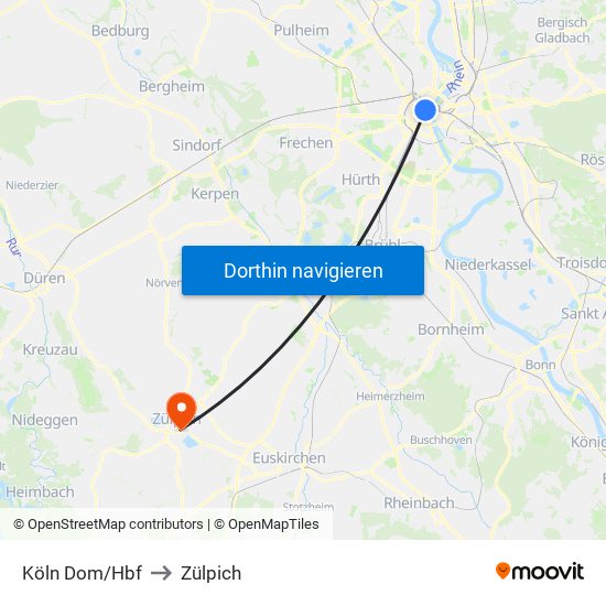 Köln Dom/Hbf to Zülpich map