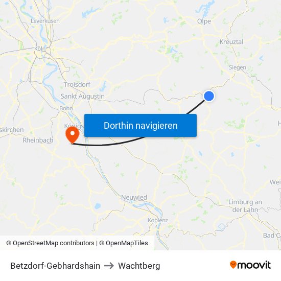 Betzdorf-Gebhardshain to Wachtberg map