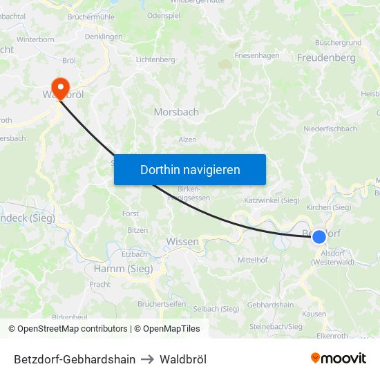 Betzdorf-Gebhardshain to Waldbröl map