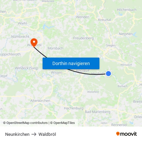 Neunkirchen to Waldbröl map