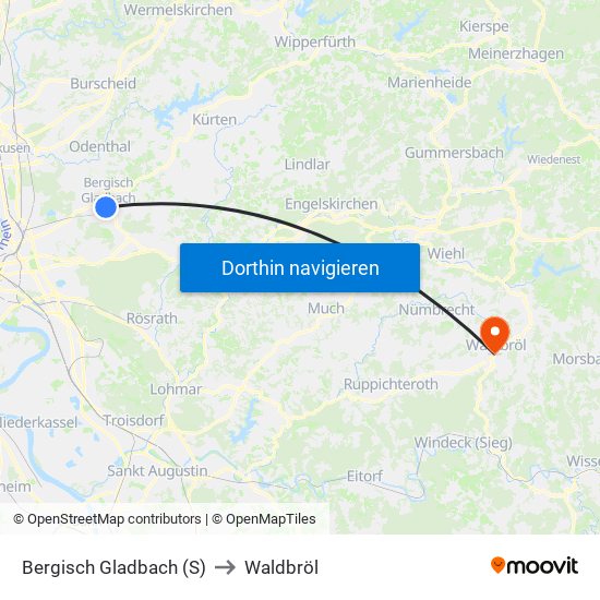 Bergisch Gladbach (S) to Waldbröl map