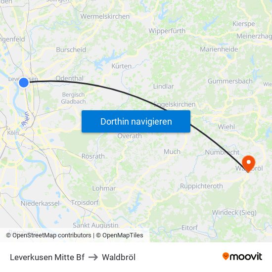 Leverkusen Mitte Bf to Waldbröl map