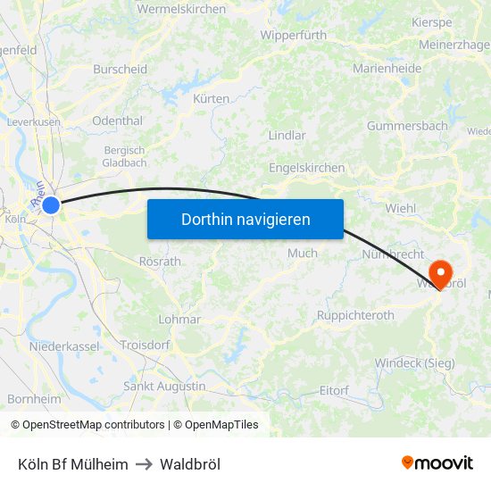 Köln Bf Mülheim to Waldbröl map