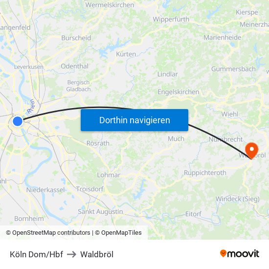 Köln Dom/Hbf to Waldbröl map